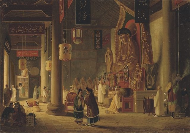 A 19th-century painting of worshippers inside Macao's A-Ma Temple, incense smoke rising among red lanterns and carved wooden pillars.