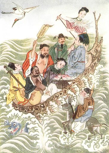 A traditional Chinese painting of the Eight Immortals crossing the sea on clouds and waves, each carrying their own magical implement