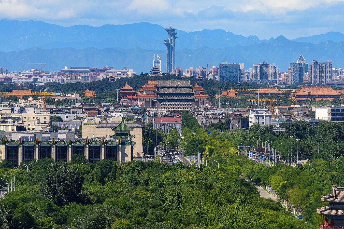 View of Beijing's central axis skyline seen from Yongdingmen at dusk