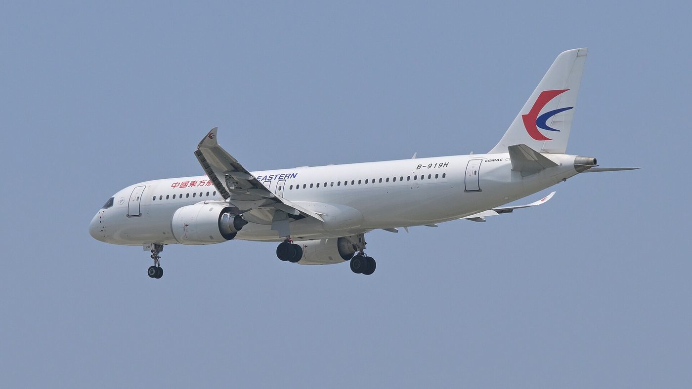 A China Eastern Airlines C919 jet on final approach to Shanghai Hongqiao Airport