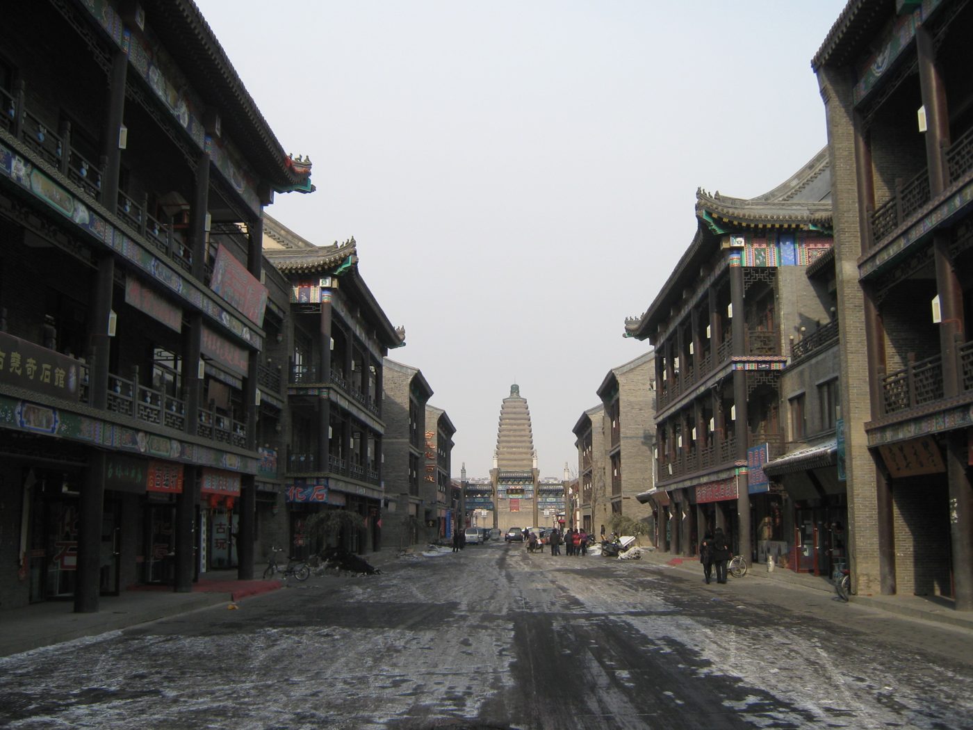 A view down the restored Chaoyang Ancient Street (Murong Street), lined with traditional buildings leading toward the North Pagoda.
