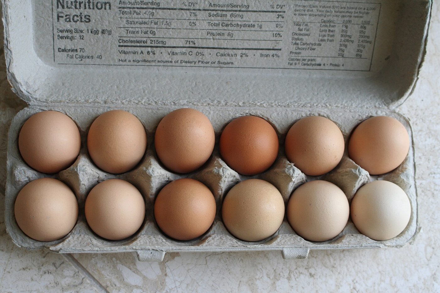 A carton of fresh eggs on display at a market stall