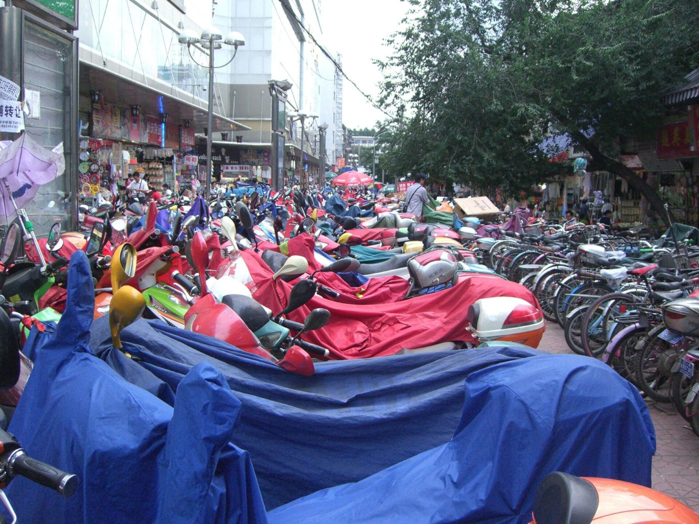 Electric bicycles parked along a city street in China