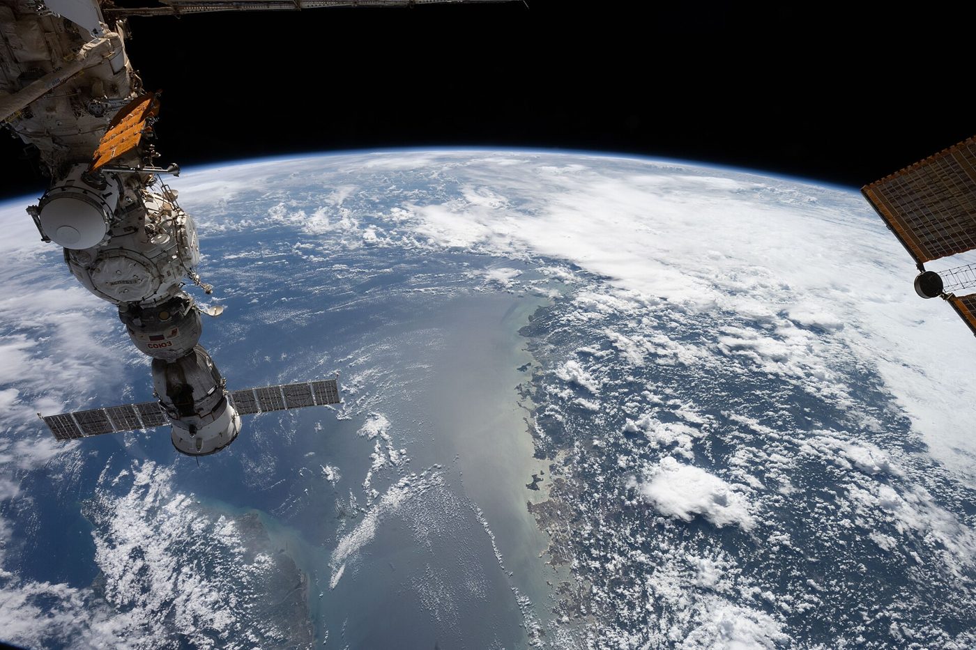 Satellite view of Fujian province's coastline and the Taiwan Strait from the International Space Station