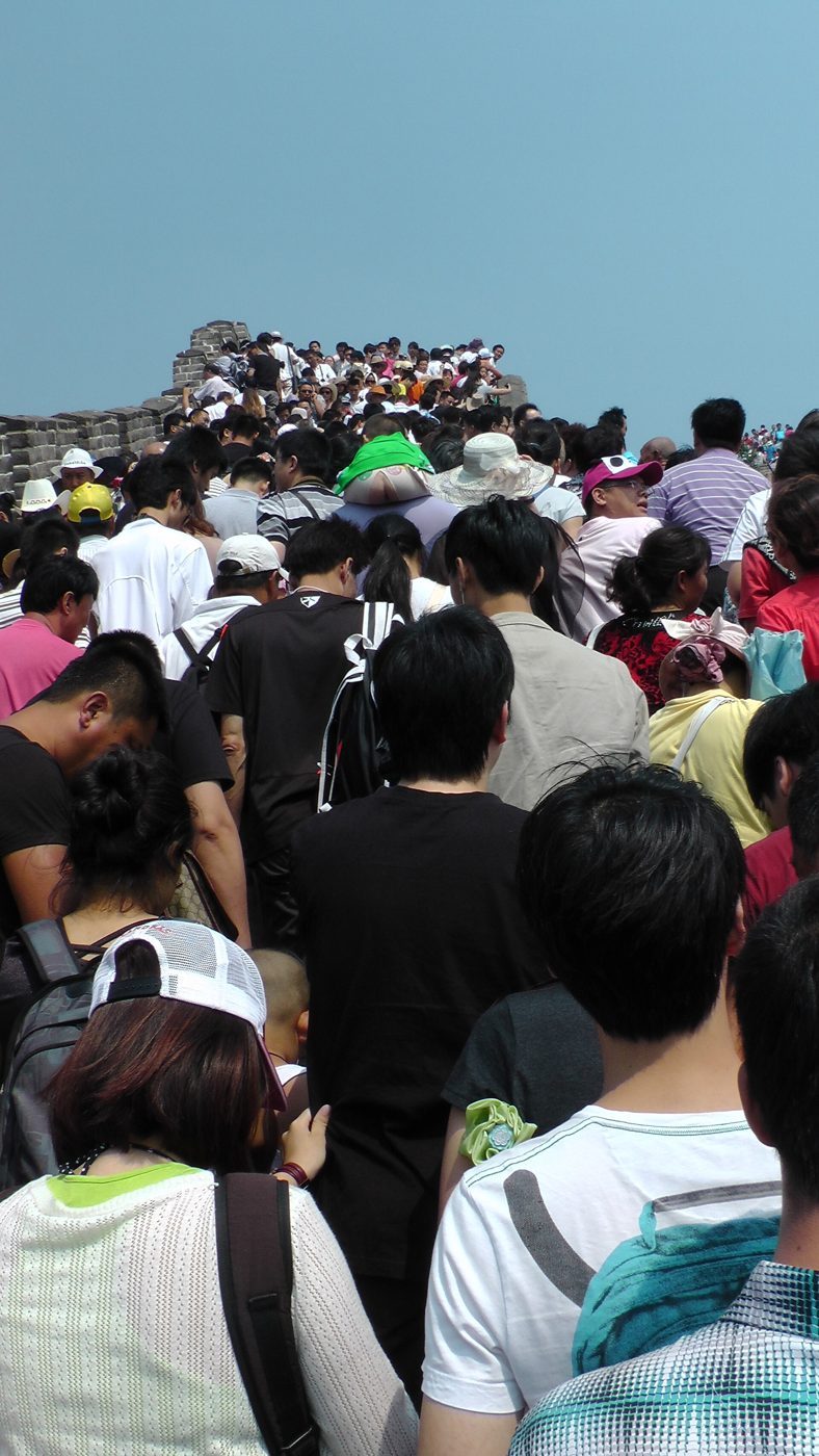 A dense crowd of visitors packed onto the Great Wall at Badaling