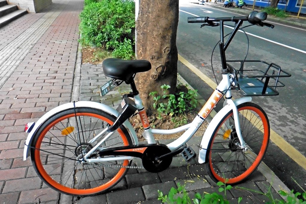 A row of shared bikes parked along a city street in China