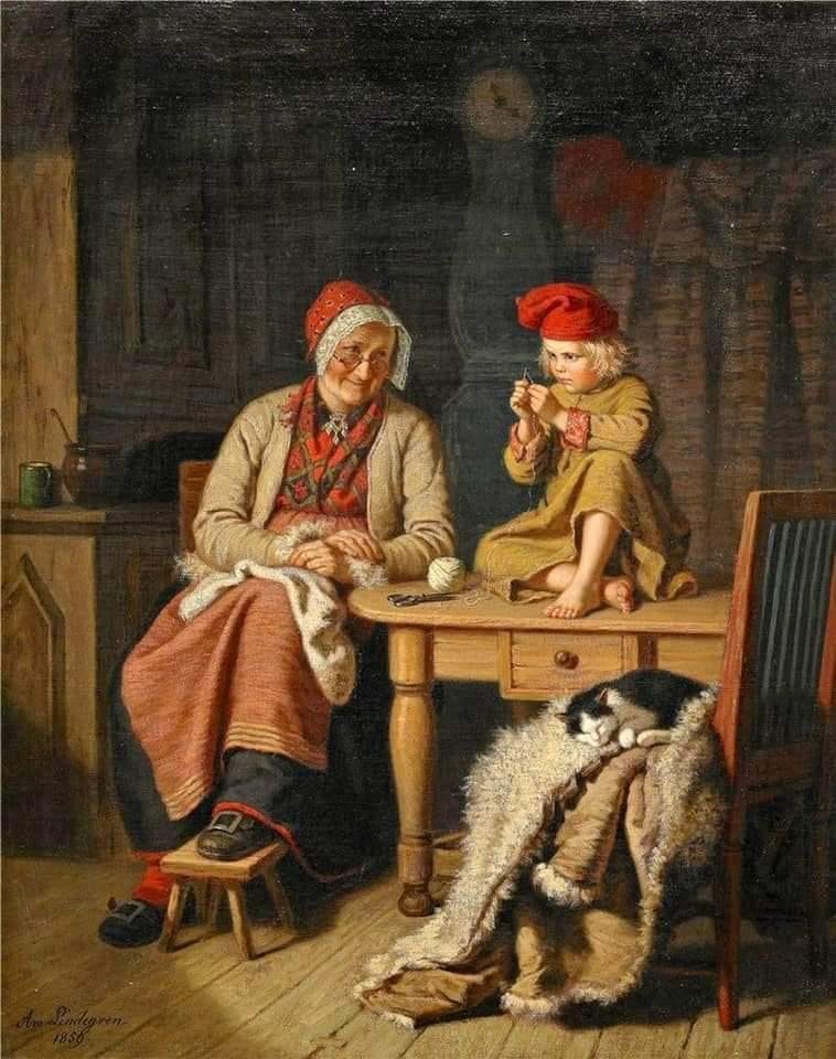 A 19th-century oil painting of an elderly woman helping a child thread a sewing needle by candlelight.