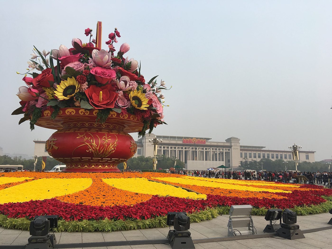 A large flower basket decorated with peony patterns and flowers stands on Tiananmen Square ahead of China's National Day.