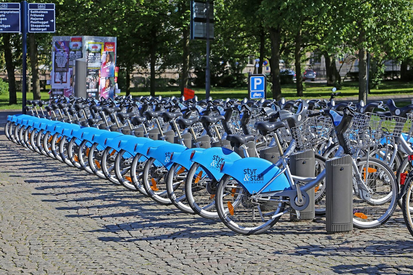 Rows of shared bicycles lined up in docking stands at an outdoor bike-rental station.