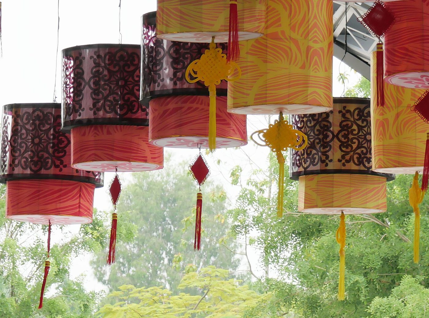 Paper lanterns strung up outdoors for the Mid-Autumn Festival