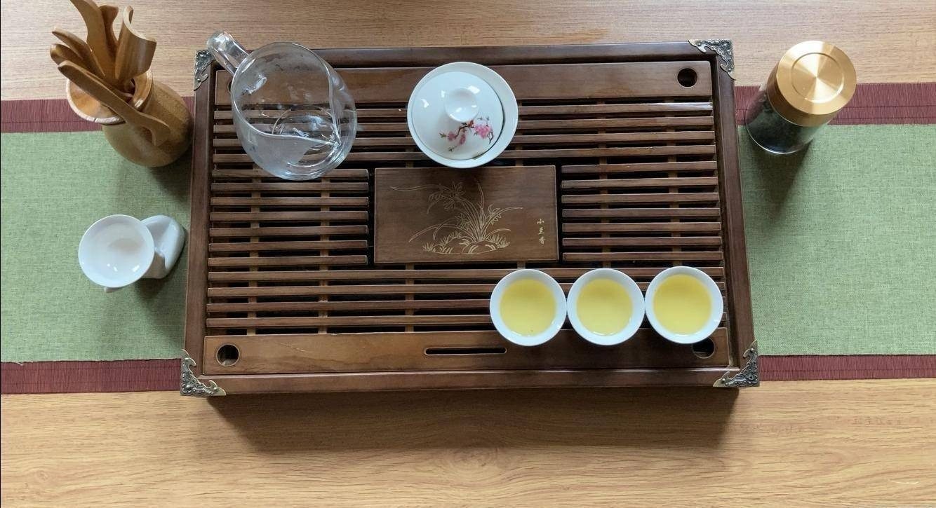 Tea cups and a gaiwan on a tray just after tea has been poured for guests.