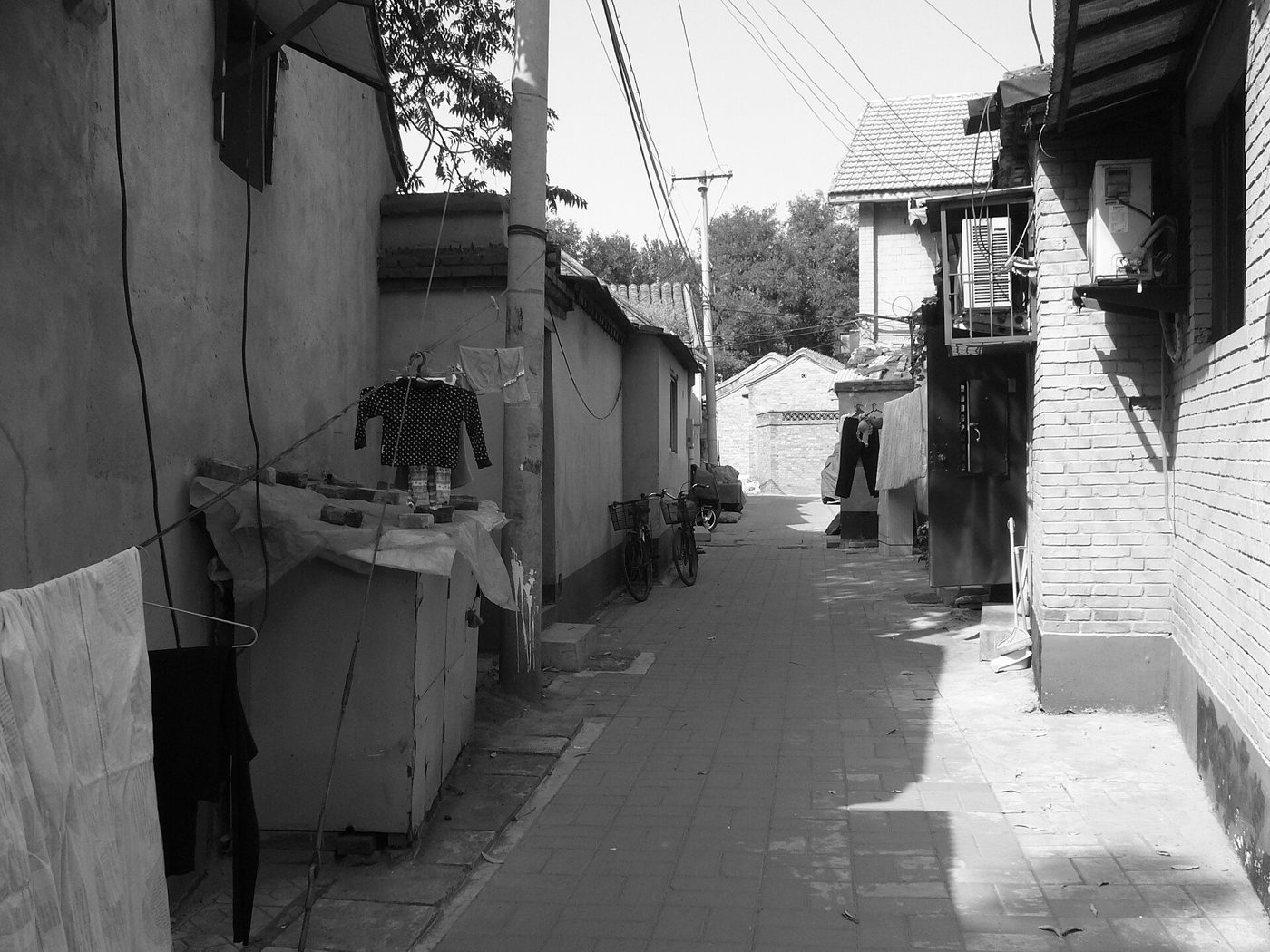 A narrow Beijing hutong alley lined with low brick courtyard walls and traditional housing.