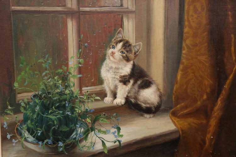 A soft oil painting of a small kitten sitting on a windowsill, gazing out at falling rain.