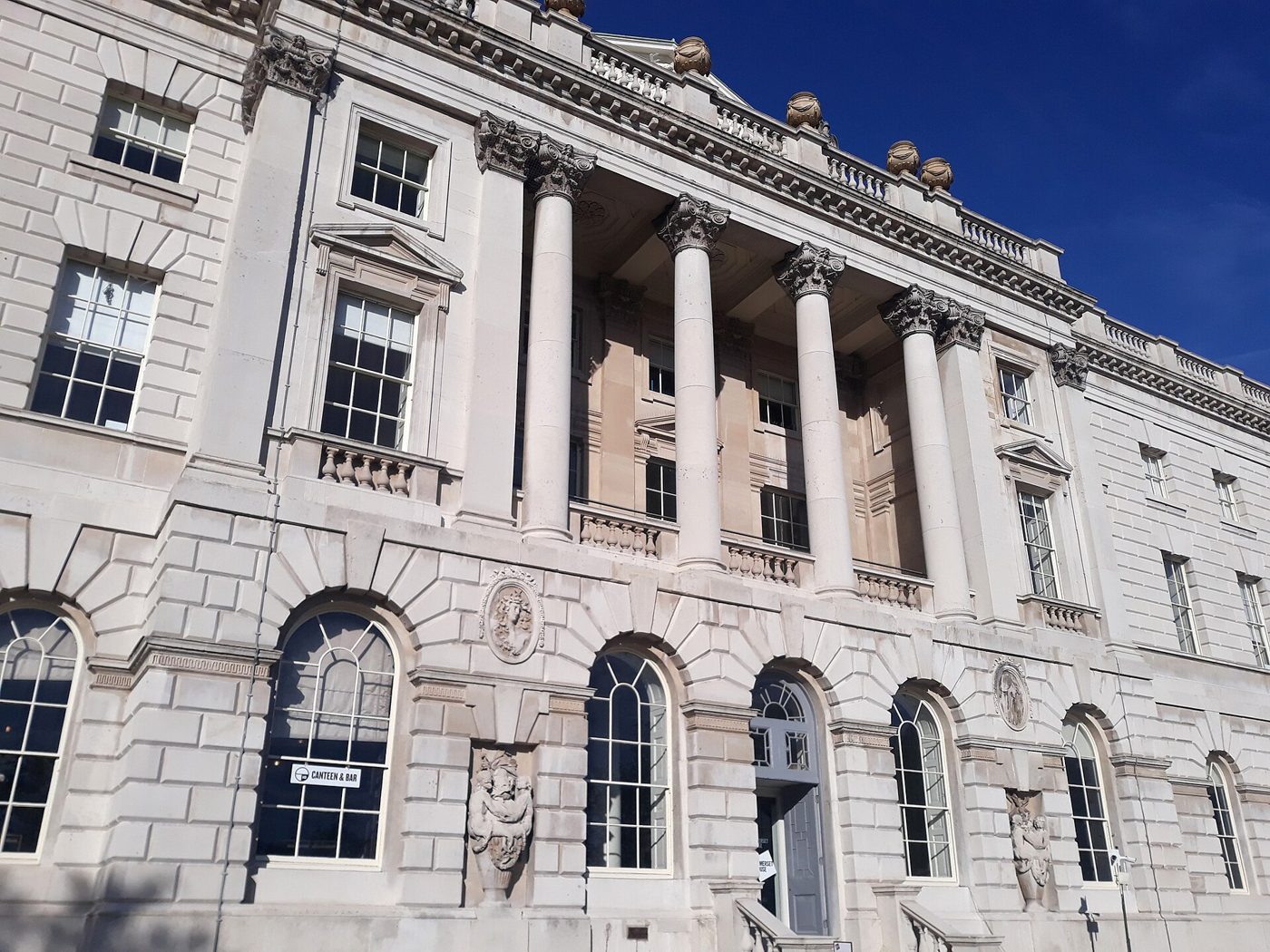 The neoclassical facade of Somerset House on the River Thames in London, the closing venue of the exhibition.