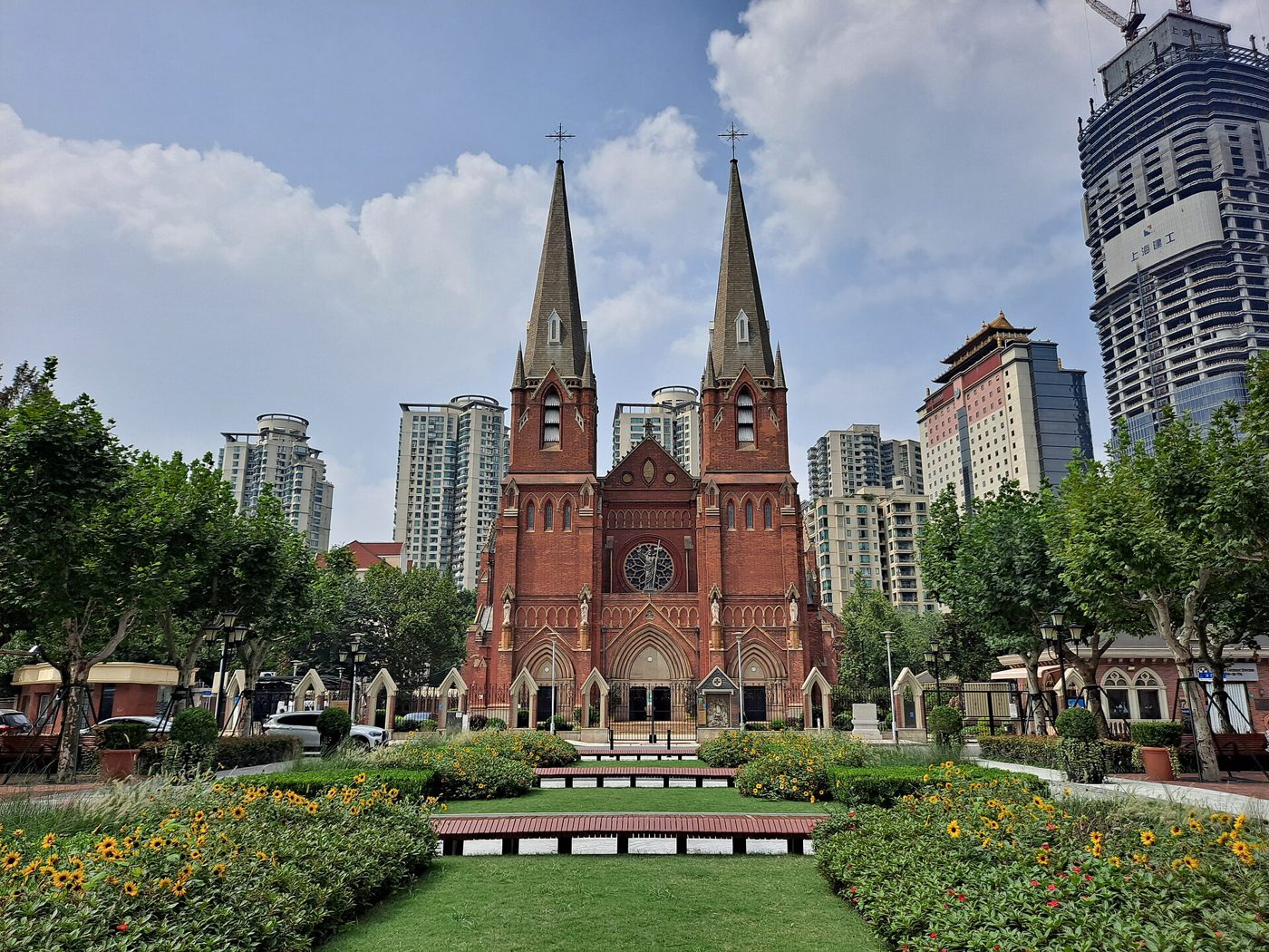 The twin brick spires of St Ignatius Cathedral in Shanghai