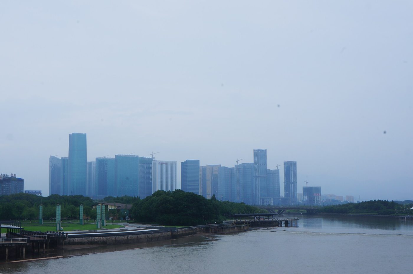 Aerial view of the Yiwu International Trade Market's large modern buildings and surrounding streets in Zhejiang, China